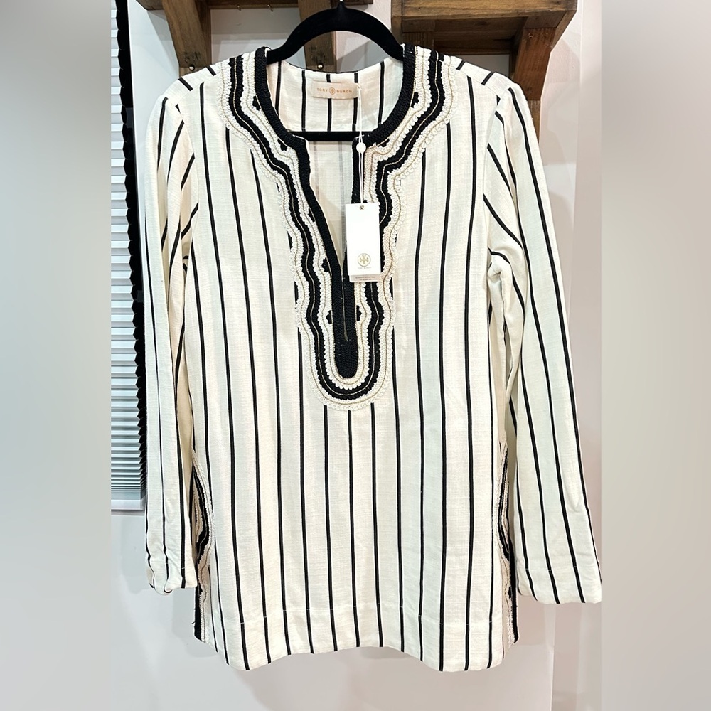 NWT Tory Burch Ivory Black Filipa Rayon Slub Stripe Tunic 4 - Picture 4 of 14